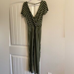 Forest Green & White Striped Flared Jumpsuit